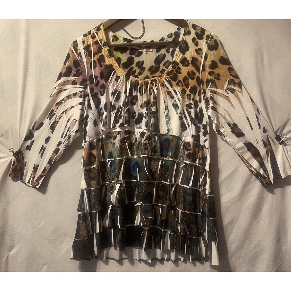 REINA Leopard Peacock Print Tropical Art to Wear Layered Blouse 3 M